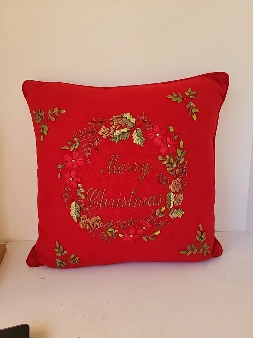Holiday Red Ribbon Embroidered Merry Christmas Decorative Pillow 15x15
